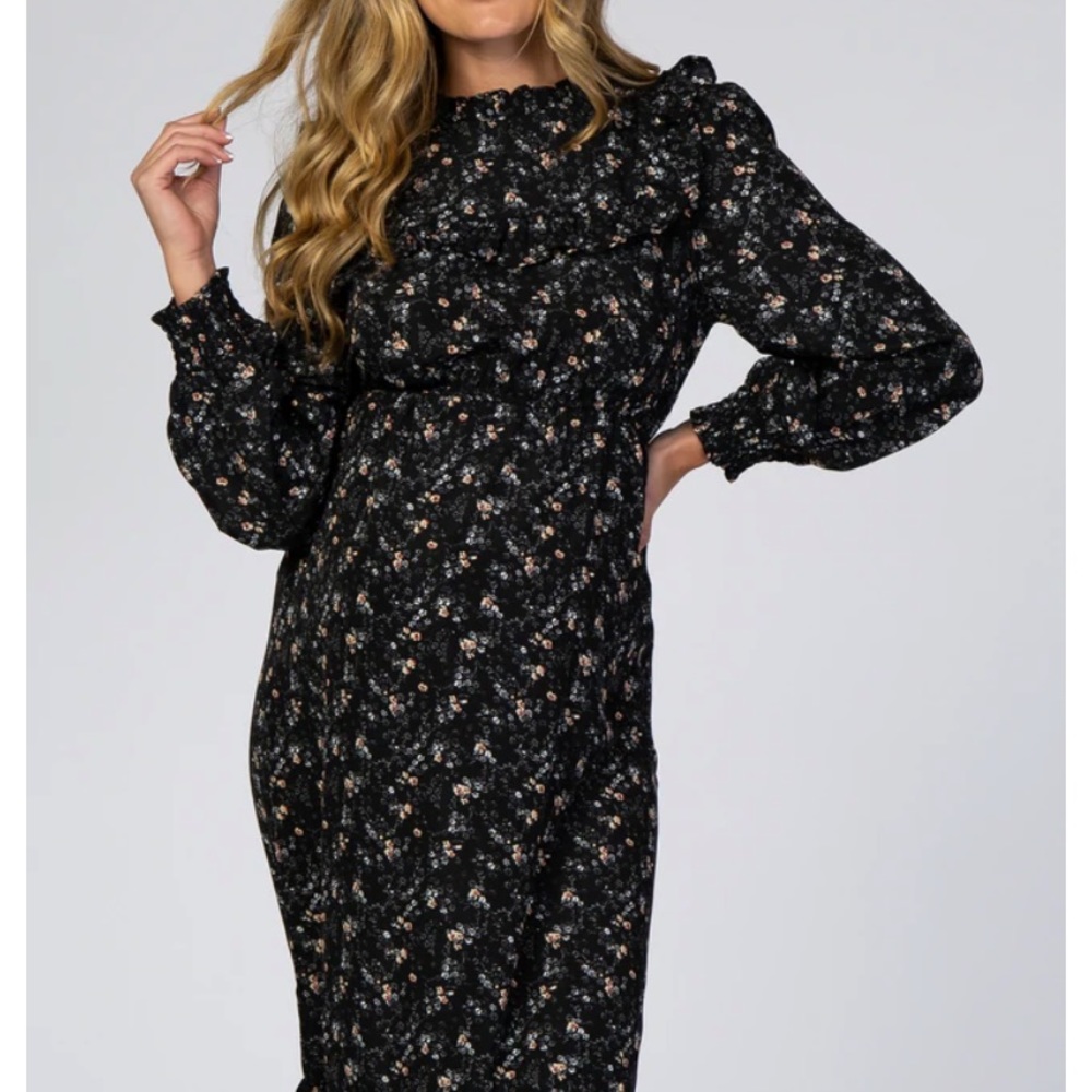 Pinkblush Black floral ruffle long sleeve dress